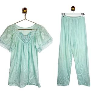 Vintage 70s Light Turquoise 2-Pc Silky Pajama Set Pants & Top Lace Nylon…